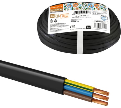 Шнур TDM ELECTRIC ШВВПмб 3х0,75 5м, черный Народный SQ0120-0108