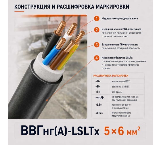 Кабель СПЕЦ ВВГнг(А)-LSLTx 5x6 мм2, 1000 метров СПЕЦ-ВВГНГ(А)-LSLTX 5X6-1000