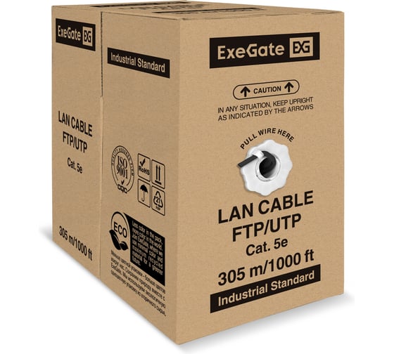 Кабель ExeGate Special UTP4-C5e-CCA-S24-OUT-PE-BK-305 UTP 4 пары кат.5e CCA, 0.48мм 24AWG, внешний, без троса, 305м, черный, PE 301082