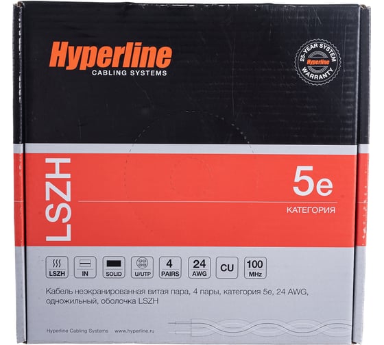 Кабель Hyperline UUTP4-C5E-S24-IN-LSZH-BK-100 (100 м) витая пара, неэкранированный, U/UTP, категория 5e, 4 пары (24 AWG), одножильный (solid), LSZH, нг(А)-HF, -20C – +75C, черный - гарантия: 15 лет 273503