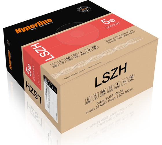 Кабель Hyperline UUTP4-C5E-P24-IN-LSZH-RD-100 (100 м) витая пара, неэкранированная, U/UTP, категория 5e, 4 пары (24 AWG), многожильный (patсh), LSZH, нг(А)-HF, -20C– +75C, красный 243610