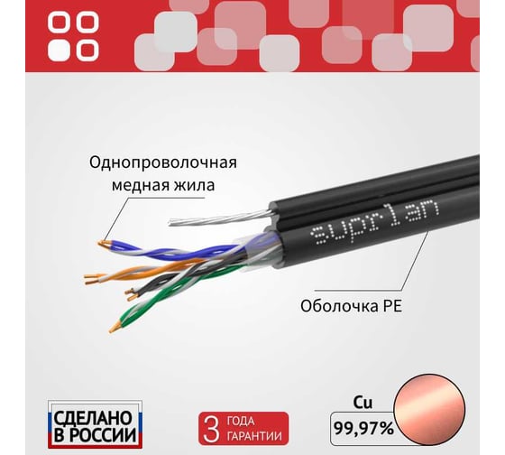 Сетевой интернет кабель витая пара SUPRLAN медный Premium UTP Cat.5e 4x2x0,51 Cu PE внешний T-FG8 (трос) 305м 01-0308-1