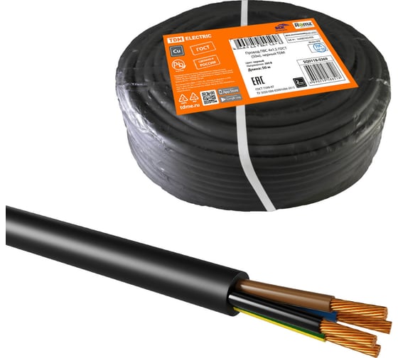 Провод ПВС TDM 4х1,5 ГОСТ 50м, черный SQ0118-0369 1