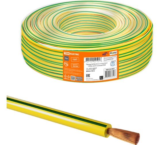 Провод TDM ПуГВнг(А)-LS 1x10,0 ГОСТ (100м), желто-зеленый SQ0124-0851 1