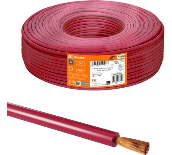 Провод TDM ПуГВнг(А)-LS 1x2,5 ГОСТ (100м), красный SQ0124-0837 1
