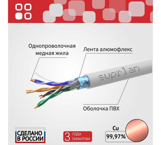 Сетевой интернет кабель витая пара SUPRLAN медный экранированный Standard FTP Cat.5e 4x2xAWG24 Cu PVC внутренний 305м 01-1031-1
