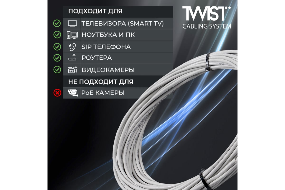 Кабель витая пара TWIST 35м, U/UTP, 2PR, cat. 5e, Cu, PVC, 24 AWG, indoor  UTP2-C5E-G24-IN-PVC-35-TWCS