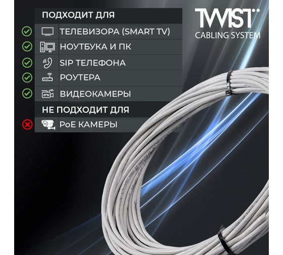Витая пара TWIST 100м, U/UTP, 2PR, cat. 5e, Cu, PVC, 24 AWG, indoor UTP2-C5E-G24-IN-PVC-100-TWCS