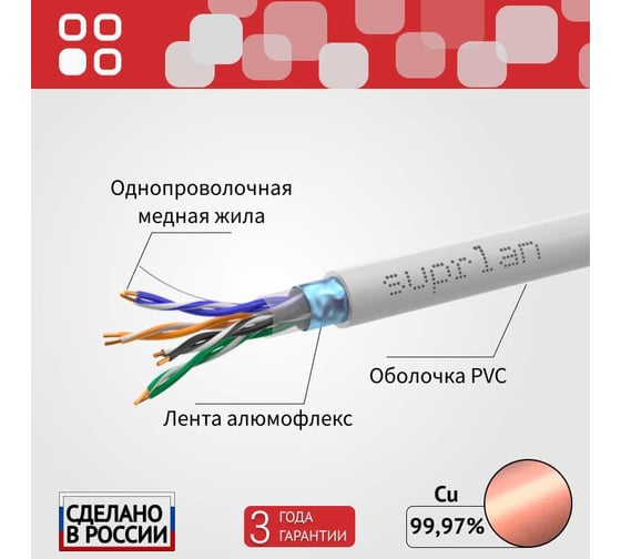 Сетевой интернет кабель витая пара SUPRLAN медный экранированный Premium FTP Cat.5e 4x2x0,51 Cu PVC внутренний 305м 01-1012-2