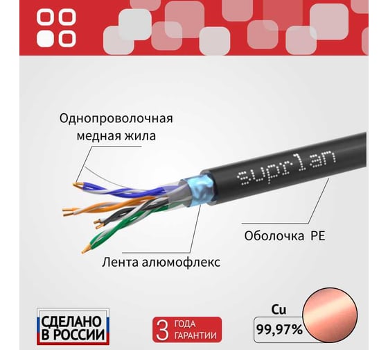 Сетевой интернет кабель витая пара SUPRLAN медный экранированный Premium FTP Cat.5e 4x2x0,51 Cu PE внешний 305м 01-1010-4
