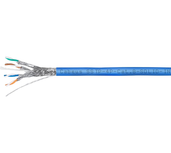Кабель экранированная витая пара SSTP (S/FTP) Cabeus категория 8 (40G, 2000 MHz), 4 пары (23 AWG), LSZH, нг(А)-HF (305 м) SSTP-4P-Cat.8-SOLID-IN-LSZH-BL