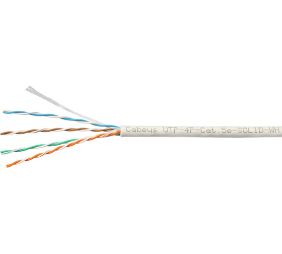 Кабель витая пара UTP (U/UTP) Cabeus категория 5e, 4 пары (24 AWG), одножильный, PVC нг(А)-LS, белый UTP-4P-Cat.5e-SOLID-WH-100