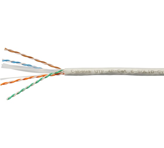 Кабель витая пара UTP (U/UTP) Cabeus категория 6, 4 пары (23 AWG), одножильный, PVC, нг(А)-LS, серый UTP-4P-Cat.6-SOLID-GY-100