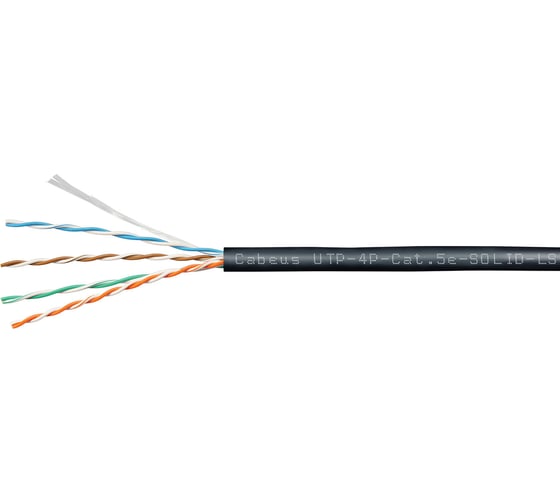 Кабель витая пара UTP (U/UTP) Cabeus категория 5e, 4 пары (24 AWG), одножильный, черный, LSZH, нг(А)-HF UTP-4P-Cat.5e-SOLID-LSZH-BK-100