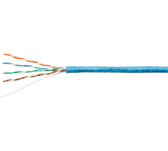 Кабель витая пара UTP (U/UTP) Cabeus категория 5e, 4 пары (24 AWG), одножильный, PVC нг(А)-LS, синий UTP-4P-Cat.5e-SOLID-BL-100
