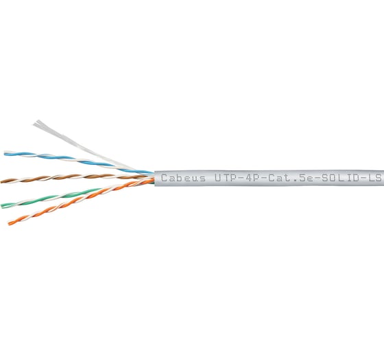 Кабель витая пара UTP (U/UTP) Cabeus категория 5e, 4 пары (24 AWG), одножильный, серый, LSZH, нг(А)-HF UTP-4P-Cat.5e-SOLID-LSZH-GY-100