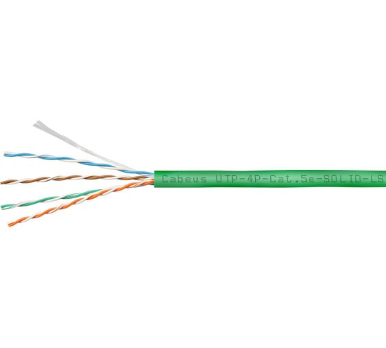 Кабель витая пара UTP (U/UTP) Cabeus категория 5e, 4 пары (24 AWG), одножильный, зеленый, LSZH, нг(А)-HF UTP-4P-Cat.5e-SOLID-LSZH-GN-100