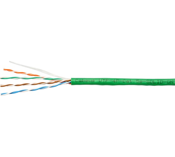 Кабель витая пара UTP (U/UTP) Cabeus категория 5e, 4 пары (24 AWG), одножильный, нг(А)-LSLTx, зеленый UTP-4P-Cat.5e-SOLID-LSLTx-GN-100