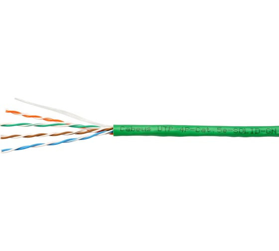 Кабель витая пара UTP (U/UTP) Cabeus категория 5e, 4 пары (24 AWG), одножильный, нг(А)-LSLTx, зеленый UTP-4P-Cat.5e-SOLID-LSLTx-GN-100