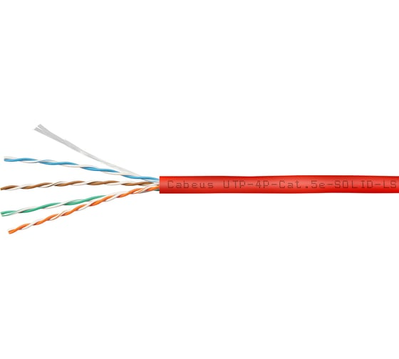 Кабель витая пара UTP (U/UTP) Cabeus категория 5e, 4 пары (24 AWG), одножильный, красный, LSZH, нг(А)-HF UTP-4P-Cat.5e-SOLID-LSZH-RD-100