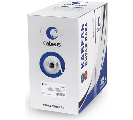 Кабель витая пара UTP (U/UTP) Cabeus категория 5e, 2 пары (24 AWG) , одножильный, PVC нг(А)-LS, серый (500 м) UTP-2P-Cat.5e-SOLID-GY-500