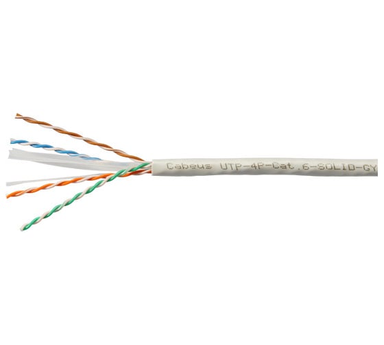 Кабель витая пара UTP (U/UTP) Cabeus категория 6, 4 пары (23 AWG), одножильный, LSZH, нг(А)-HF, серый UTP-4P-Cat.6-SOLID-LSZH-GY-100