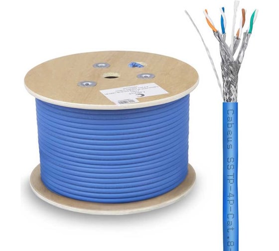 Кабель экранированная витая пара SSTP (S/FTP) Cabeus категория 8 (40G, 2000 MHz), 4 пары (23 AWG), LSZH, нг(А)-HF, (100 м) SSTP-4P-Cat.8-SOLID-IN-LSZH-BL-100