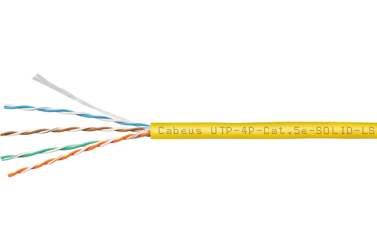 Кабель витая пара UTP (U/UTP) Cabeus категория 5e, 4 пары (24 AWG),  одножильный, желтый, LSZH, нг(А)-HF UTP-4P-Cat.5e-SOLID-LSZH-YL-100 -  выгодная цена, отзывы, характеристики, фото - купить в Москве и РФ