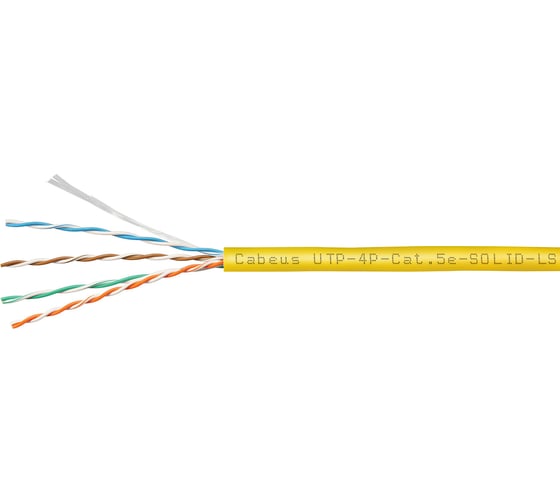 Кабель витая пара UTP (U/UTP) Cabeus категория 5e, 4 пары (24 AWG), одножильный, желтый, LSZH, нг(А)-HF UTP-4P-Cat.5e-SOLID-LSZH-YL-100