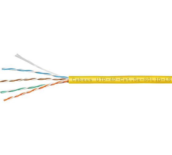 Кабель витая пара UTP (U/UTP) Cabeus категория 5e, 4 пары (24 AWG), одножильный, желтый, LSZH, нг(А)-HF UTP-4P-Cat.5e-SOLID-LSZH-YL-100