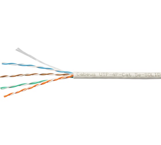 Кабель витая пара UTP (U/UTP) Cabeus категория 5e, 4 пары 0,48мм (24 AWG), одножильный, LSZH, нг(А)-HF, серый, (305 м) UTP-4P-Cat.5e-SOLID-LSZH-GY-LIGHT