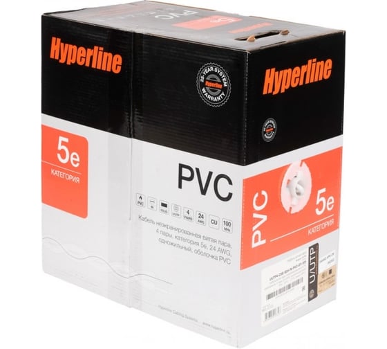 Кабель витая пара 305м Hyperline UUTP4-C5E-S24-IN-PVC-GY 41903