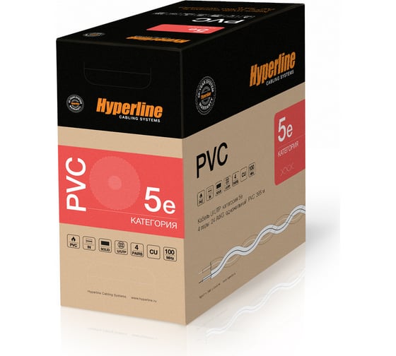 Кабель витая пара 305м Hyperline UUTP4-C5E-S24-IN-PVC-WH 42010