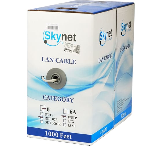 Кабель SkyNet ftp indoor 4x2x0,57, медный, fluke test, кат.6, однож., 305 м, box, серый, CS6-FTP-4-CU