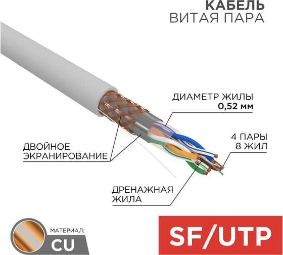 Кабель SFTP 4PR 24AWG CAT5e 305м REXANT 01-0342
