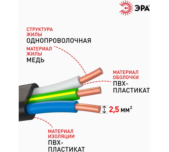 Кабель ЭРА ВВГПнг(А)LS 3x2,5 мм2 5м Б0058794