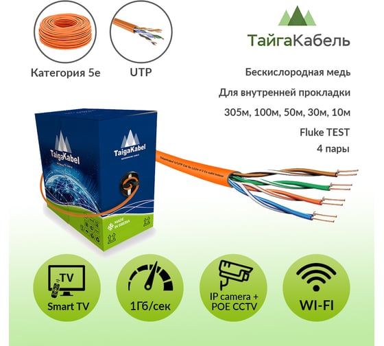 Кабель ООО ТайгаКабель TaigaKabel U/UTP, cat 5е, LSZH, 4x2х0,46, Cu, Solid, INDOOR, RC, Оранжевый, 50м 00000341