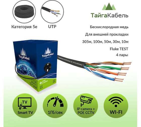 Кабель ООО ТайгаКабель TaigaKabel U/UTP, cat 5е, PE, 4x2х0,46, Cu, Solid, OUTDOOR, Черный, 100м 00000332