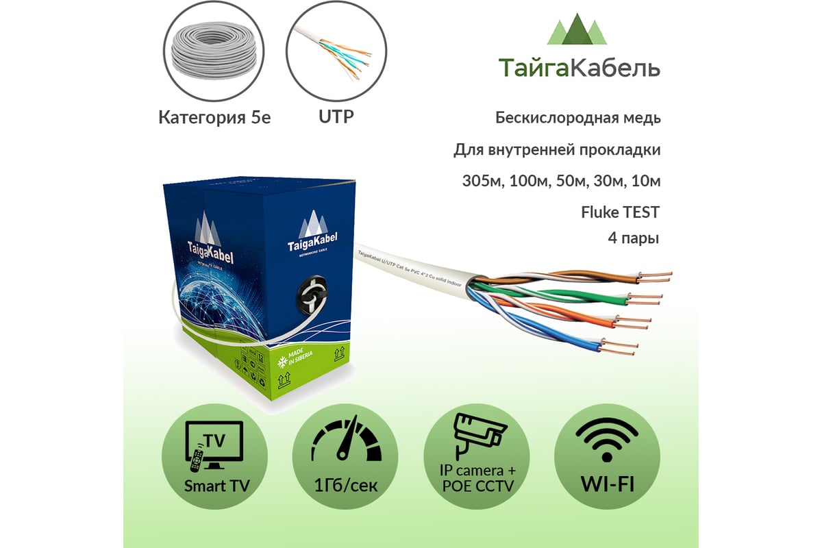 Кабель ООО ТайгаКабель TaigaKabel U/UTP, cat 5е, PVC, 4x2х0,46, Cu, Solid,  INDOOR, Серый, 50м 00000321 - выгодная цена, отзывы, характеристики, фото -  купить в Москве и РФ