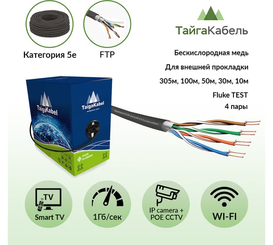 Кабель ООО ТайгаКабель TaigaKabel F/UTP cat 5е PE 4x2х0,51 Cu Solid OUTDOOR Черный 30м 00000305