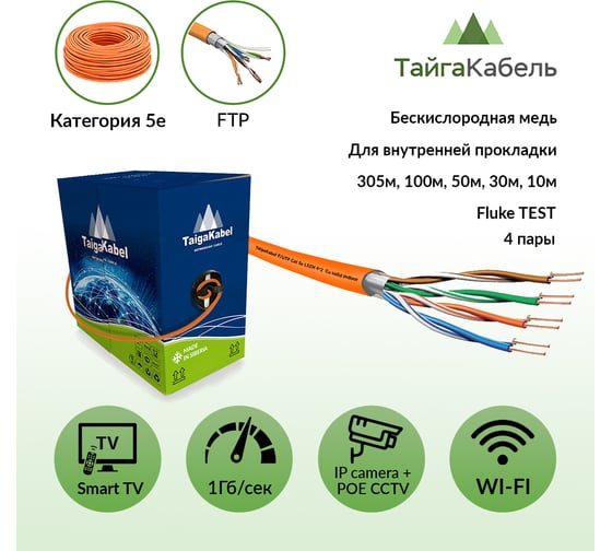 Кабель ООО ТайгаКабель TaigaKabel F/UTP cat 5е LSZH 4x2х0,51 Cu Solid INDOOR RC Оранжевый 50м 00000316