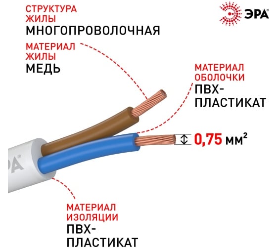 Провод ЭРА ПВС 2x0,75 мм2, 50м, белый Б0058808