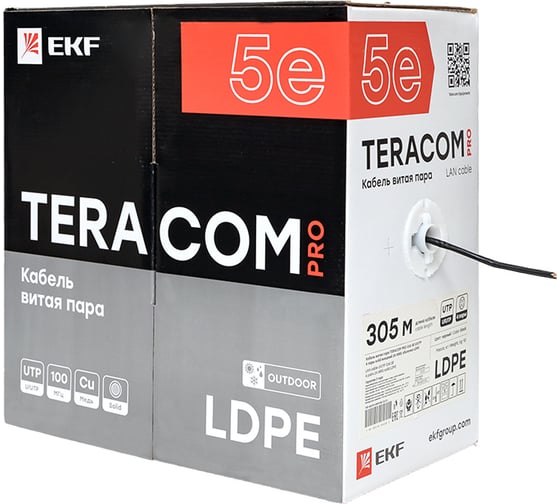 Кабель витая пара EKF TERACOM pro cat.5e u/utp 4 пары solid внешний 24awg оболочка ldpe, цвет черный, упаковка 305м TRP-5EUTP-04PE-BK-OUT3