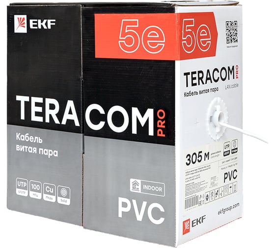 Кабель витая пара EKF TERACOM pro cat.5e u/utp 4 пары solid 24awg оболочка pvc, цвет серый, упаковка 305м TRP-5EUTP-04PVC-GY-IN3