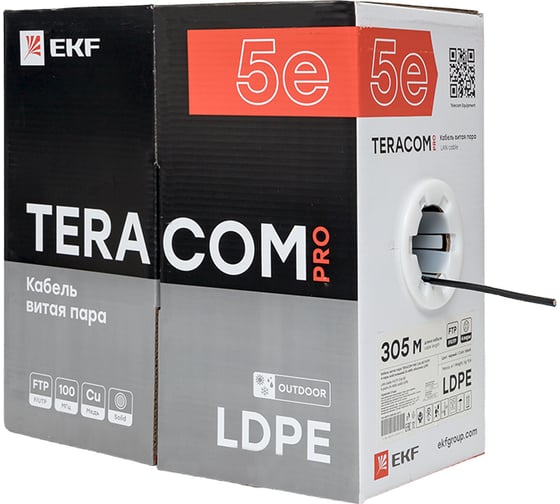 Кабель витая пара EKF TERACOM pro cat.5e f/utp 4 пары solid внешний 24awg оболочка ldpe, цвет черный, упаковка 305м TRP-5EFTP-04PE-BK-OUT3