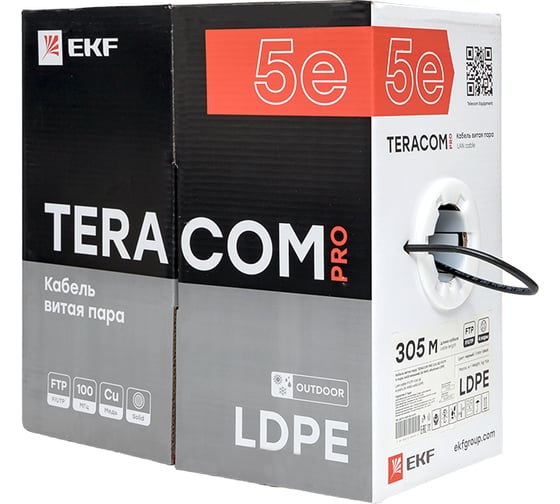 Кабель витая пара EKF TERACOM pro cat.5e f/utp 4 пары solid внешний 24awg оболочка ldpe, цвет черный, упаковка 305м TRP-5EFTP-04PE-BK-OUT3