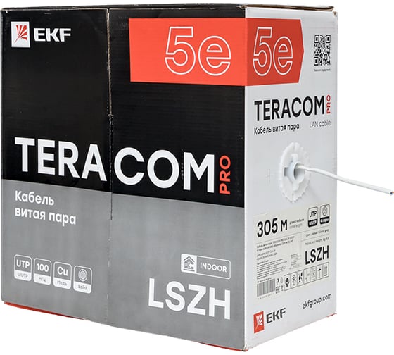 Кабель витая пара EKF TERACOM pro cat.5e u/utp 4 пары solid 24awg оболочка lszh нг(а)-hf, цвет серый, упаковка 305м TRP-5EUTP-04LSH-GY-IN3