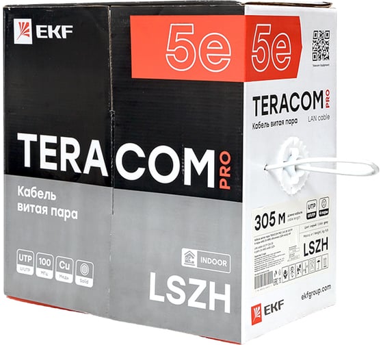 Кабель витая пара EKF TERACOM pro cat.5e u/utp 4 пары solid 24awg оболочка lszh нг(а)-hf, цвет серый, упаковка 305м TRP-5EUTP-04LSH-GY-IN3