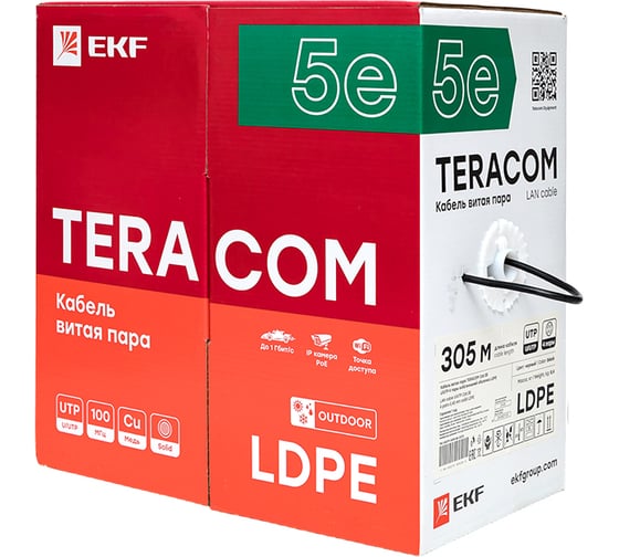 Кабель витая пара EKF TERACOM cat.5e u/utp 4 пары solid внешний оболочка ldpe, цвет черный, упаковка 305м TRC-5EUTP-04PE-BK-OUT3