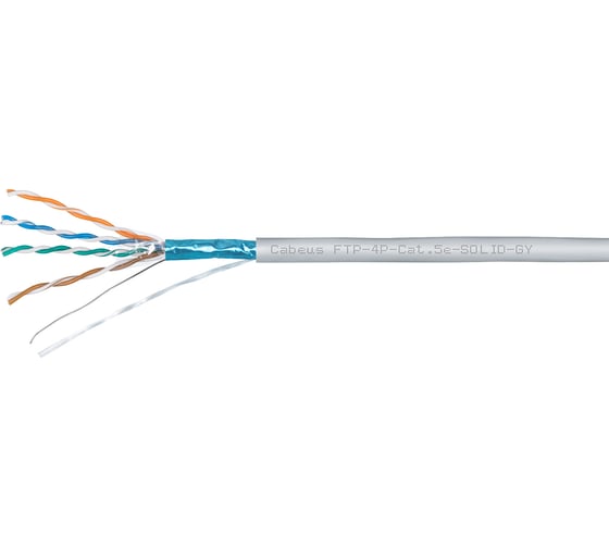 Кабель витая пара Cabeus экранированная ftp (f/utp), категория 5e, 4 пары (24 awg), одножильный, экран - фольга (305 м), pvc нг(а)-ls (100 м) FTP-4P-Cat.5e-SOLID-GY-100